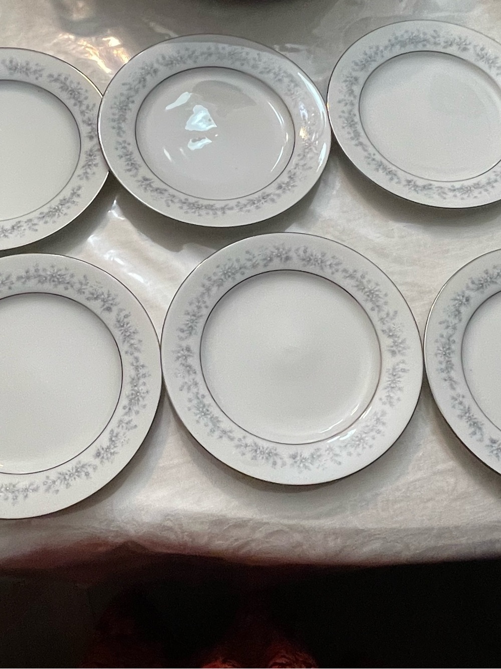 Noritake White Porcelain Dinner Plates with Silver Floral Trim